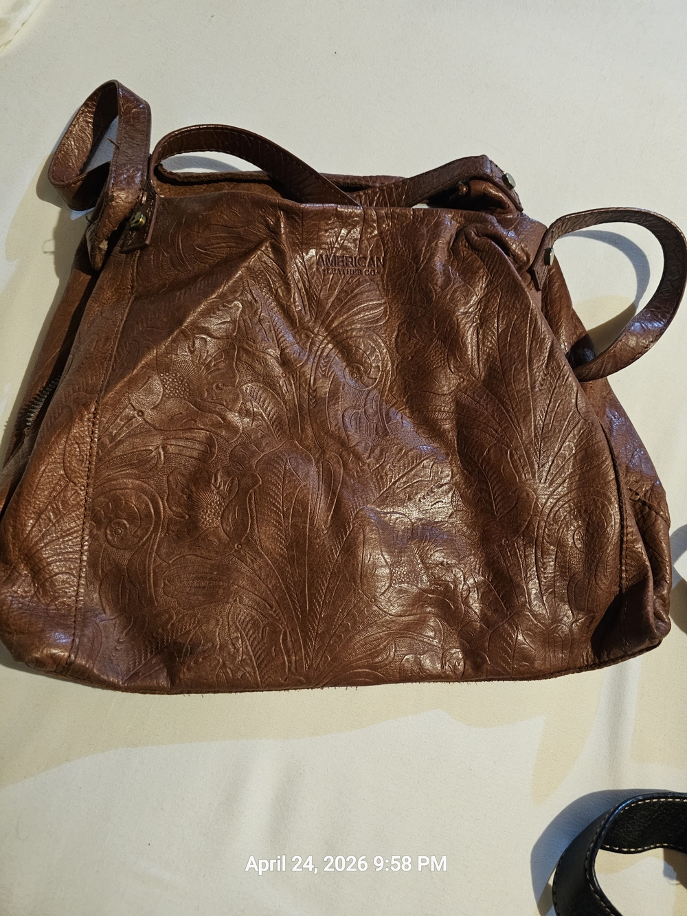 American Leather Company Chestnut Brown Floral-Embossed Leather Shoulder Bag